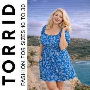 Torrid Teal Blue Tropical Floral Puff Sleeve Mini Dress, 3X, NWT!